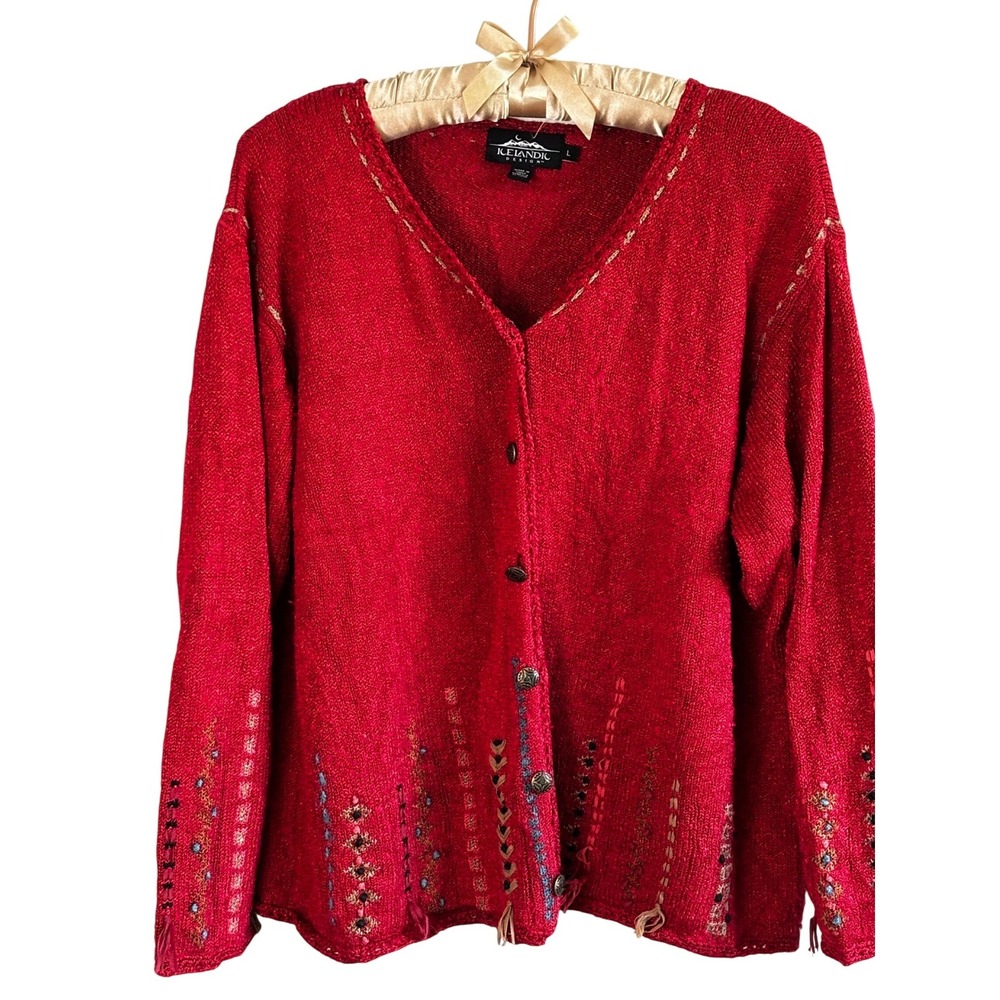 Icelandic Design Red‎ Silk Rayon Embellished Button Front Cardigan Sweater L